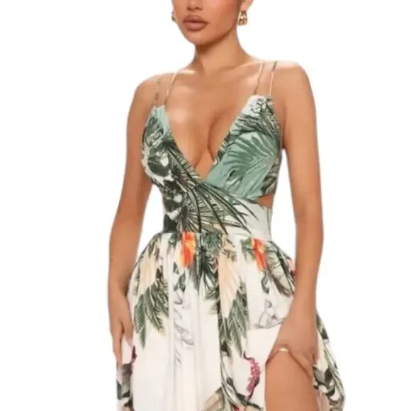 Loragal Women's Dress Size 3XL Beige Tropical Print Maxi Spring Summer Vacation - Picture 2 of 14